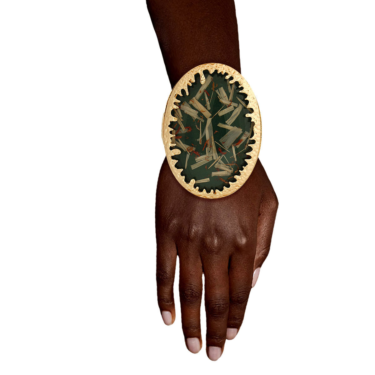 Statement Gold Cuff Bracelet with Oval Green Confetti Design