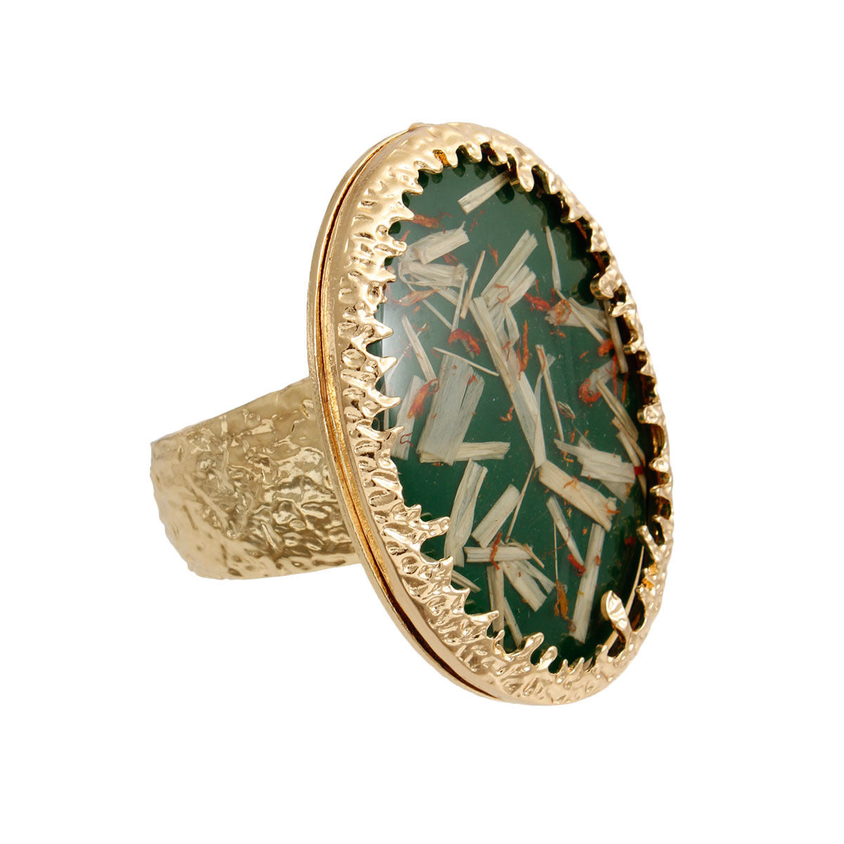 Statement Gold Cuff Bracelet with Oval Green Confetti Design