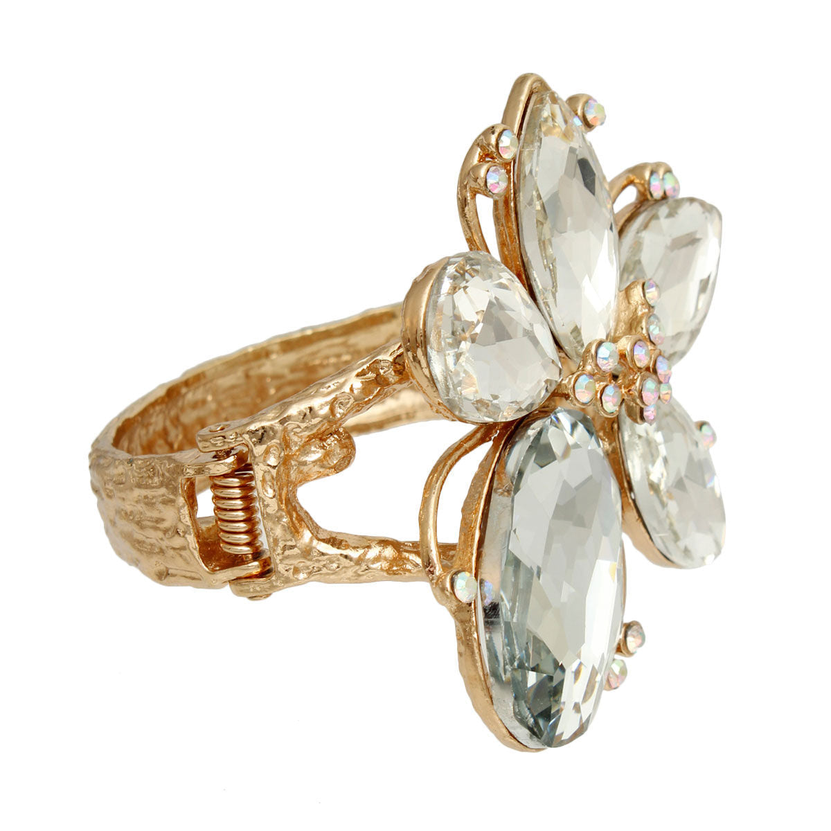 Hinge Cuff Bangle Gold Clear Crystal Flower Stylish Jewelry Accessory