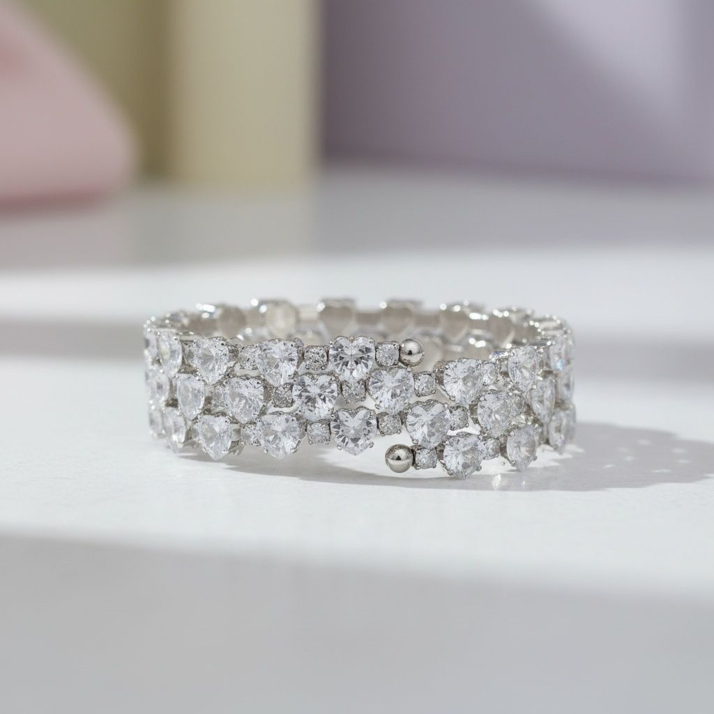 Silver Memory Wire Bracelet with Tennis Heart Crystal CZ – Stylish Statement Jewelry
