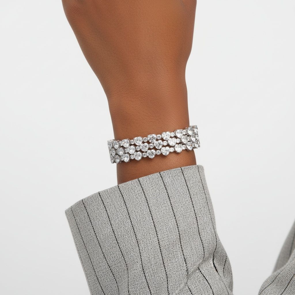 Silver Memory Wire Bracelet with Tennis Heart Crystal CZ – Stylish Statement Jewelry