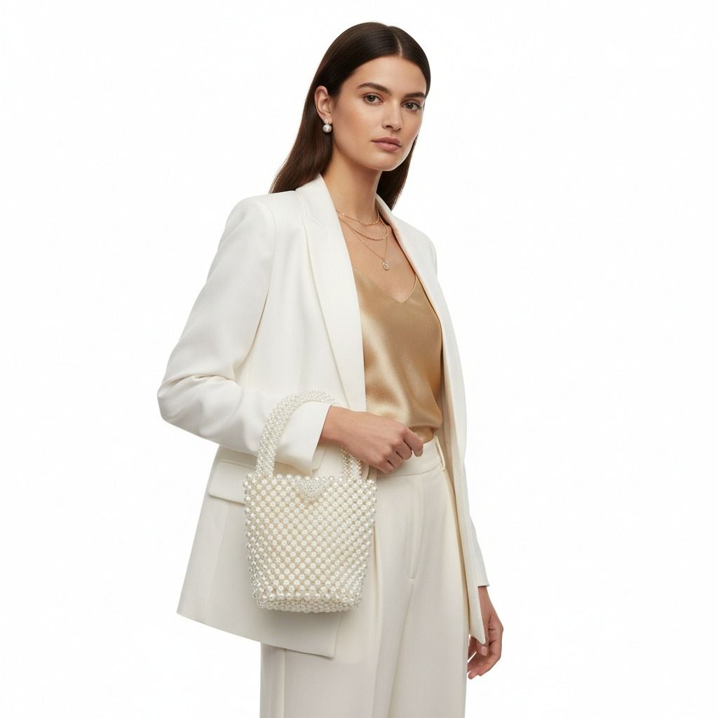 Fashion Handbag Top Handle Bucket Bag Cream Pearl Woven Handmade Chic