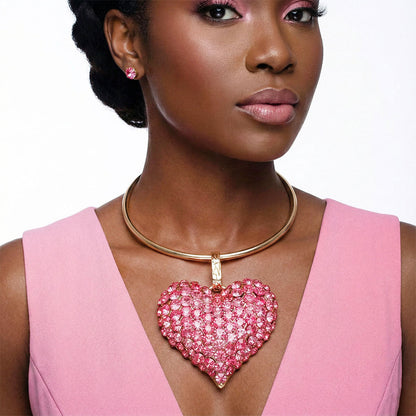 Chunky Statement Necklace with Domed Fuchsia Stone Heart Pendant Stylish Jewelry Accessory