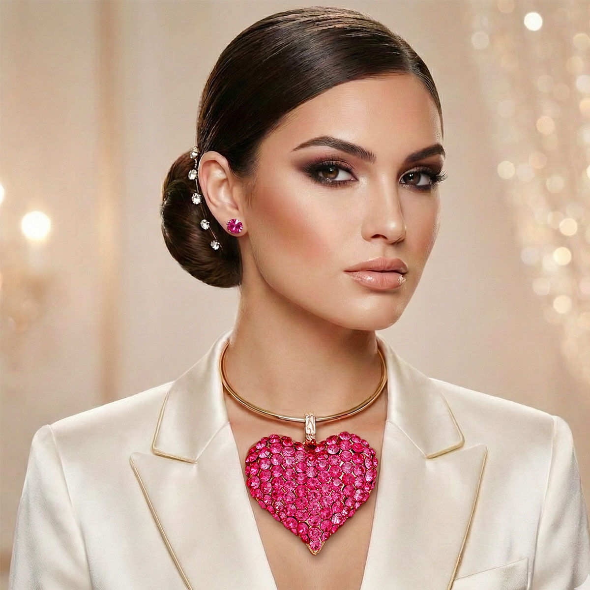 Chunky Statement Necklace with Domed Fuchsia Stone Heart Pendant Stylish Jewelry Accessory