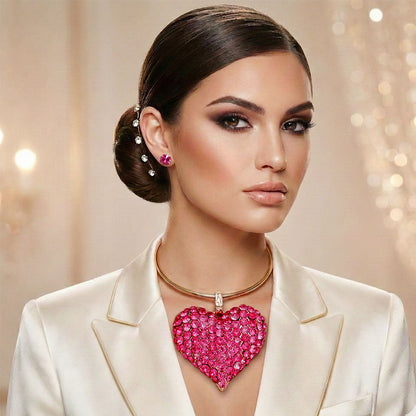 Chunky Statement Necklace with Domed Fuchsia Stone Heart Pendant Stylish Jewelry Accessory