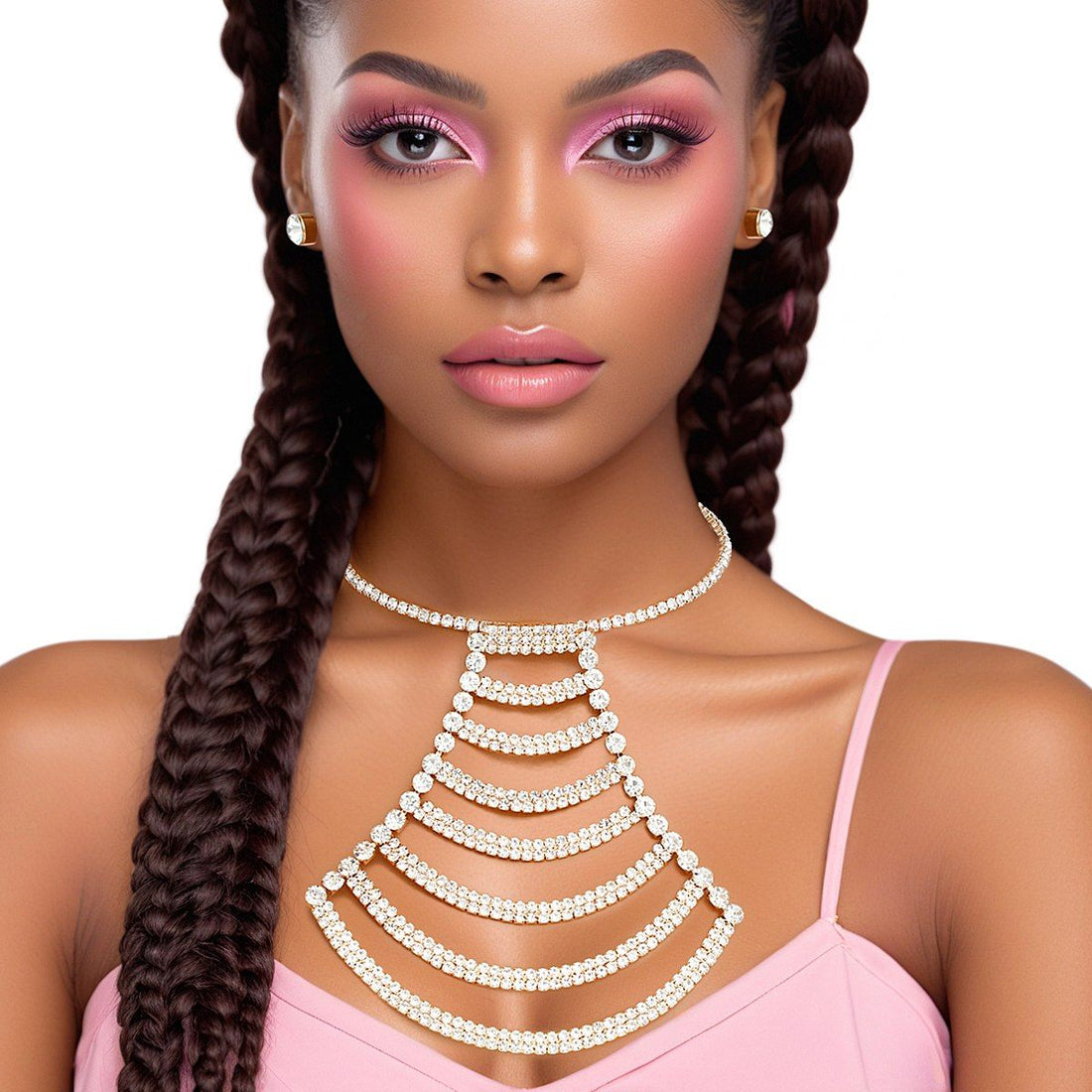 Statement Choker Necklace with Gold Pave Draped Pendant Set for Women, Trendy Elegant Jewelry