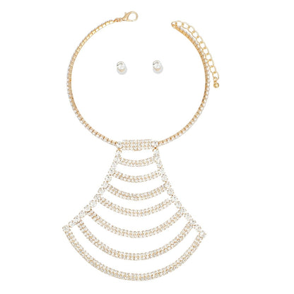Statement Choker Necklace with Gold Pave Draped Pendant Set for Women, Trendy Elegant Jewelry