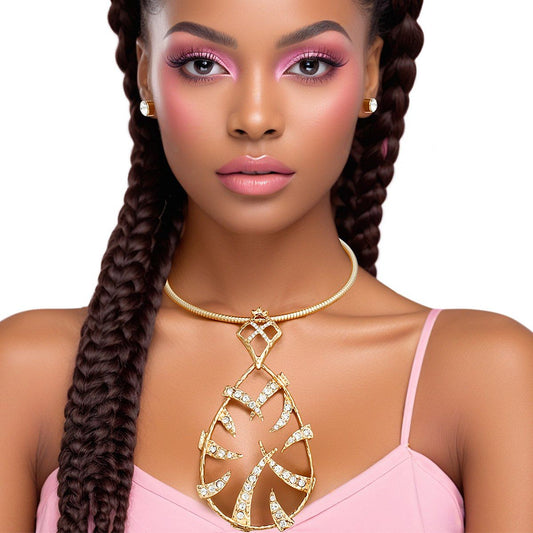 Statement Necklace Gold Spiked Teardrop Pendant Collar for Women