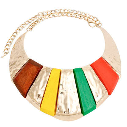 Statement Collar Necklace Bold Multicolor Wood Gold Armor Design