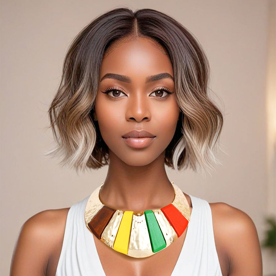 Statement Collar Necklace Bold Multicolor Wood Gold Armor Design