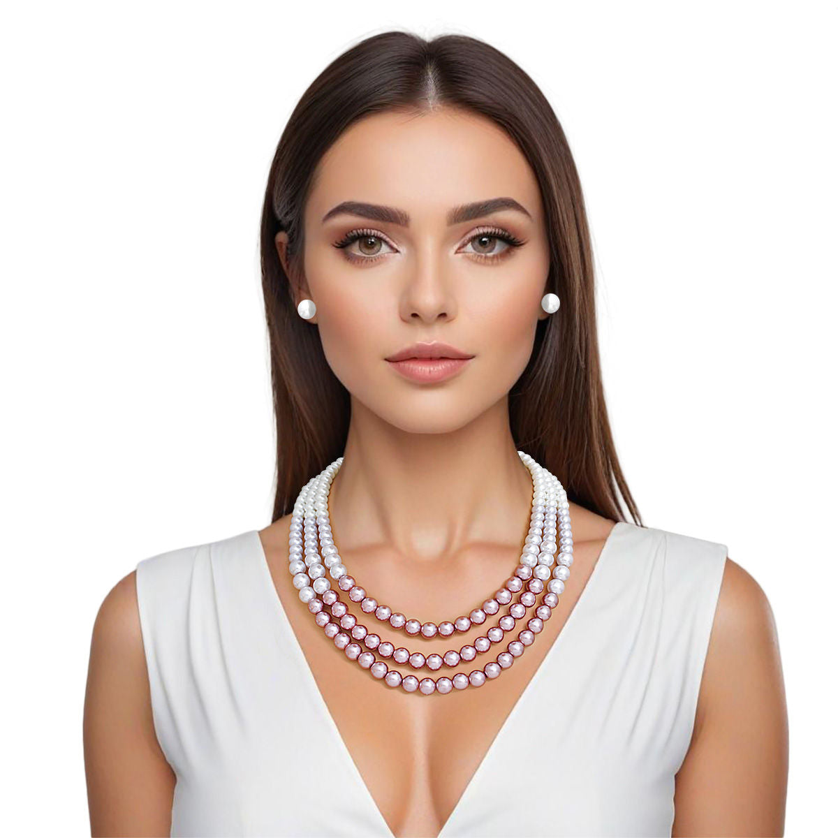 Statement 3 Strand Purple and White Glass Pearl Necklace, Trendy Layered Jewelry