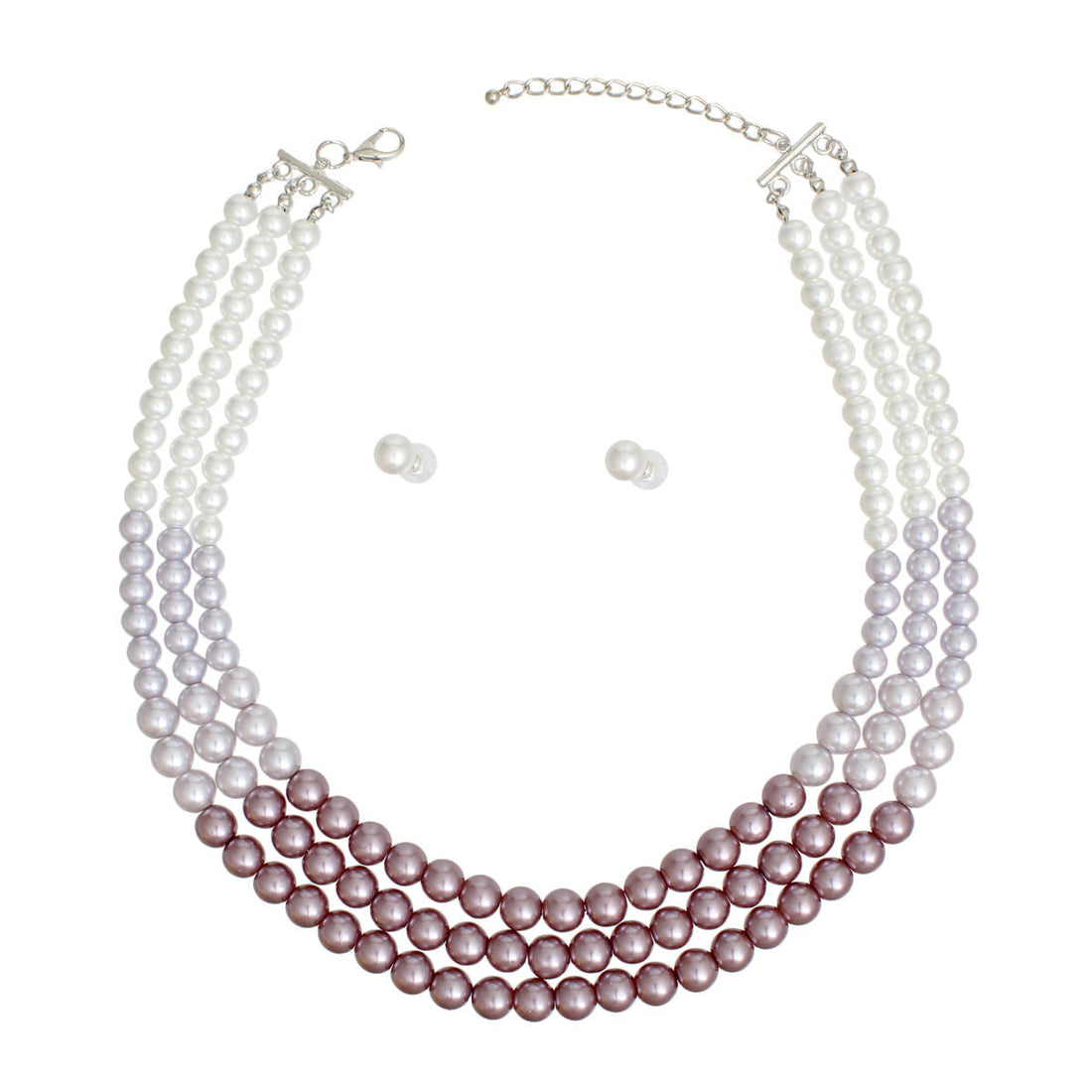Statement 3 Strand Purple and White Glass Pearl Necklace, Trendy Layered Jewelry
