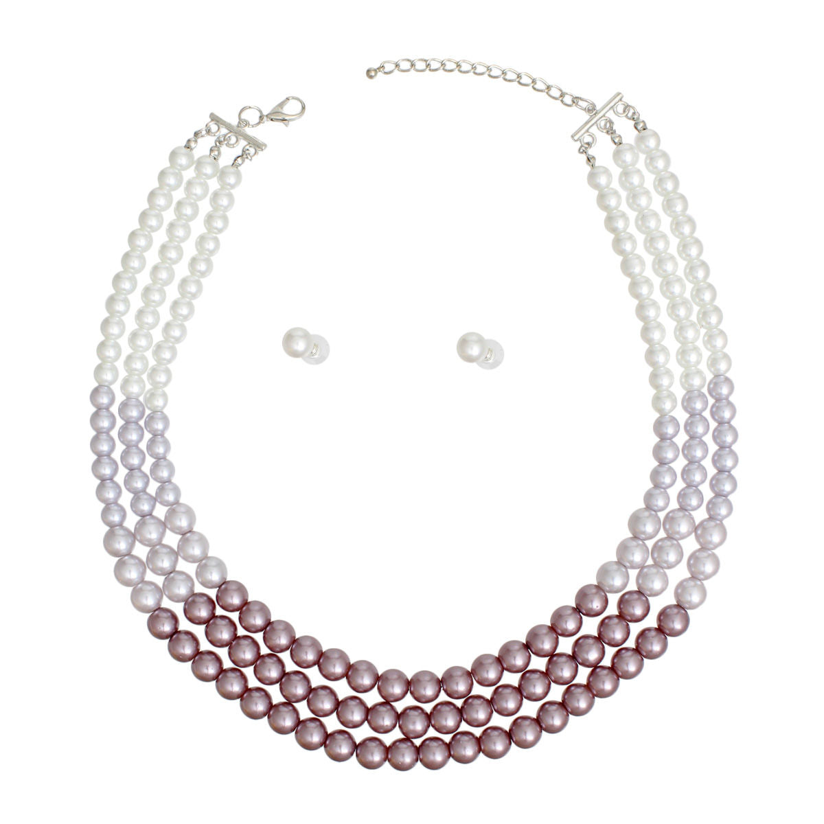Statement 3 Strand Purple and White Glass Pearl Necklace, Trendy Layered Jewelry