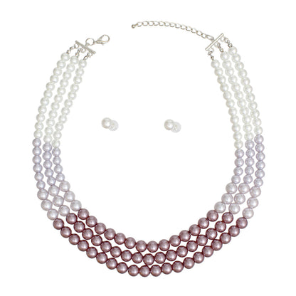 Statement 3 Strand Purple and White Glass Pearl Necklace, Trendy Layered Jewelry