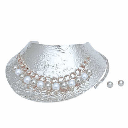 Choker Collar Necklace Silver Metal Pearl Armor Statement Jewelry Set