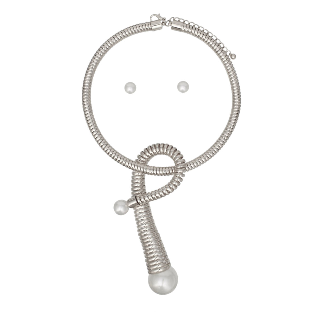 Statement Pendant Necklace Handmade Coiled Silver Pearl Loop Stylish Chic