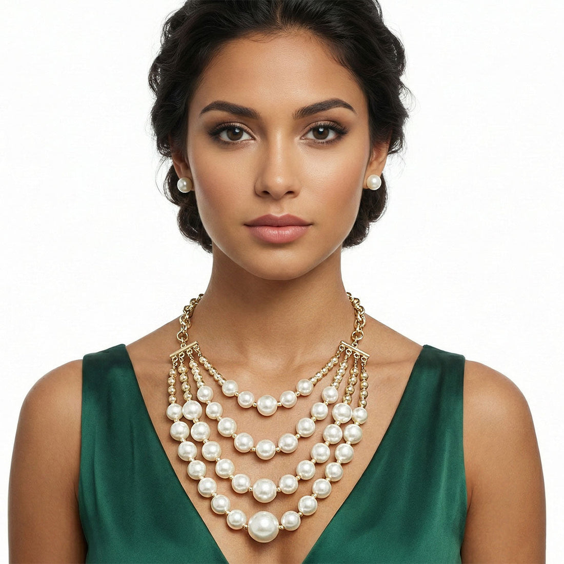 Statement Layered Bib Necklace with Cream Pearl and Gold Beads, Trendy and Elegant