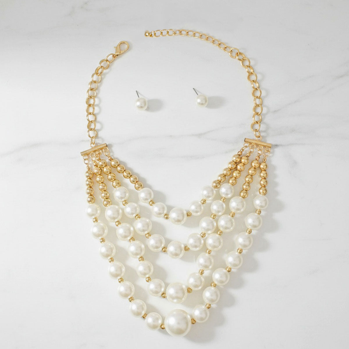 Statement Layered Bib Necklace with Cream Pearl and Gold Beads, Trendy and Elegant