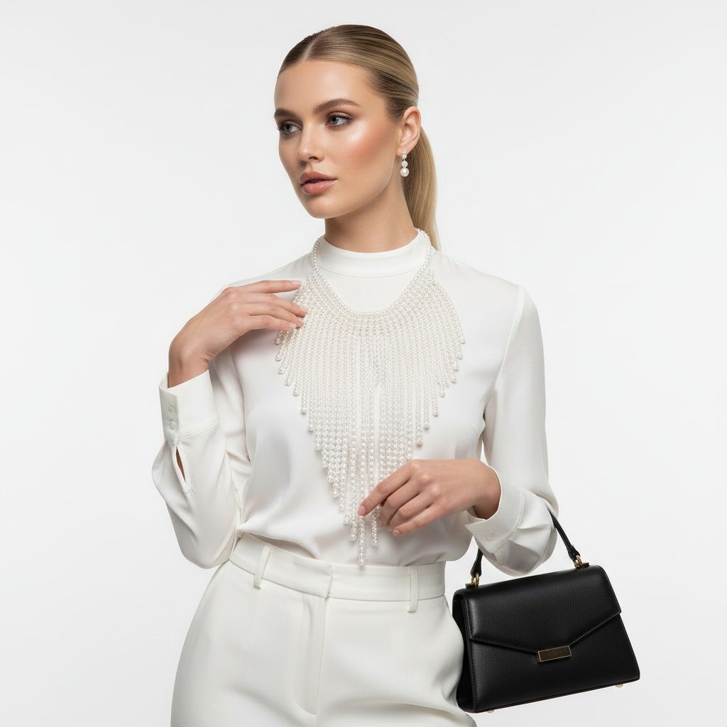Statement Bib Choker Necklace with Cream Pearl Fringe, Trendy Elegant Jewelry Accessory
