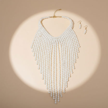 Statement Bib Choker Necklace with Cream Pearl Fringe, Trendy Elegant Jewelry