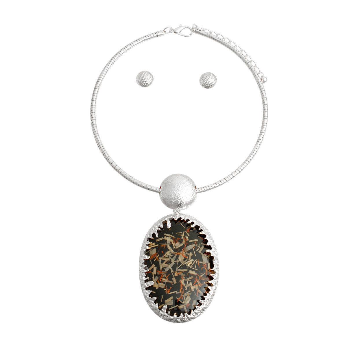 Statement Silver Collar Necklace with Black Oval Confetti Design