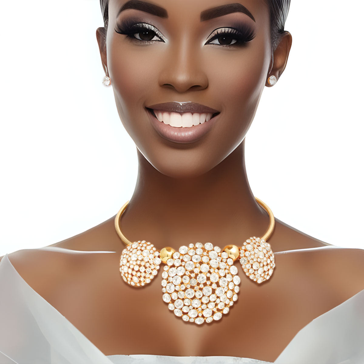Statement Collar Necklace Gold Triple Rhinestone Dome Cluster Stylish Chic