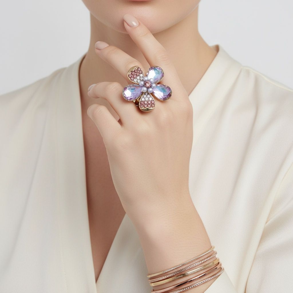 Statement Cocktail Ring with Mixed Purple Teardrop Crystal Flower