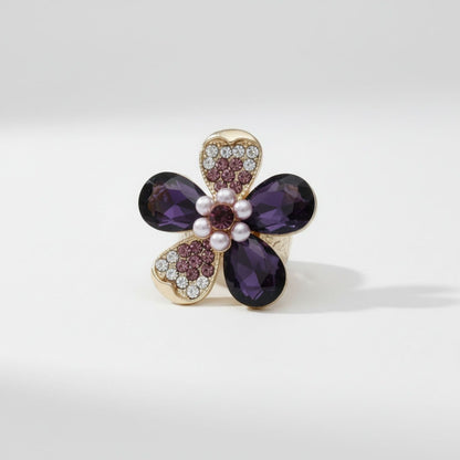Statement Cocktail Ring Purple Teardrop Crystal Flower Design