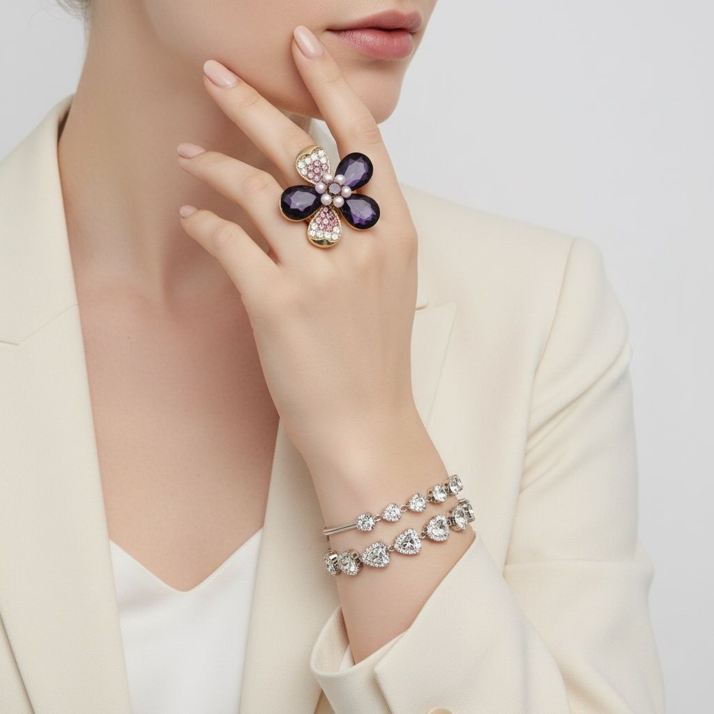 Statement Cocktail Ring Purple Teardrop Crystal Flower Design