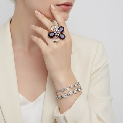Statement Cocktail Ring Purple Teardrop Crystal Flower Design