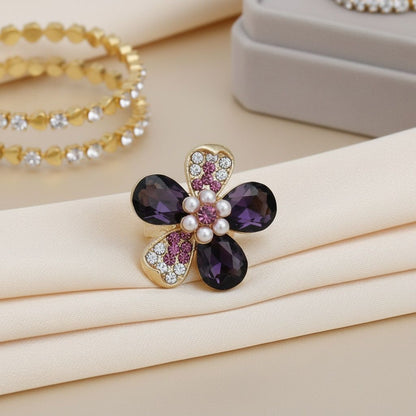 Statement Cocktail Ring Purple Teardrop Crystal Flower Design