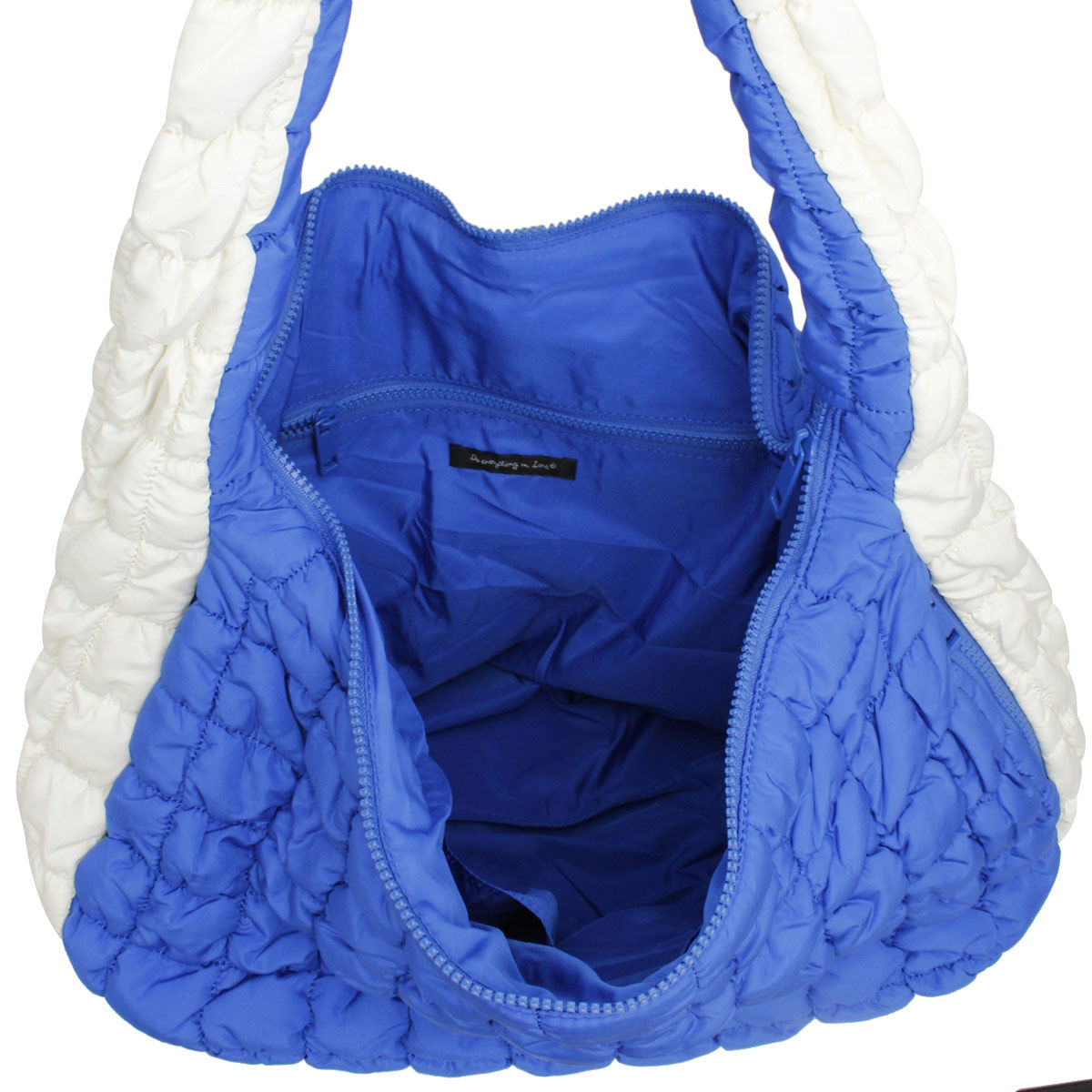 Quilted Large Shoulder Bag Blue Ivory Stylish Fashion Handbag