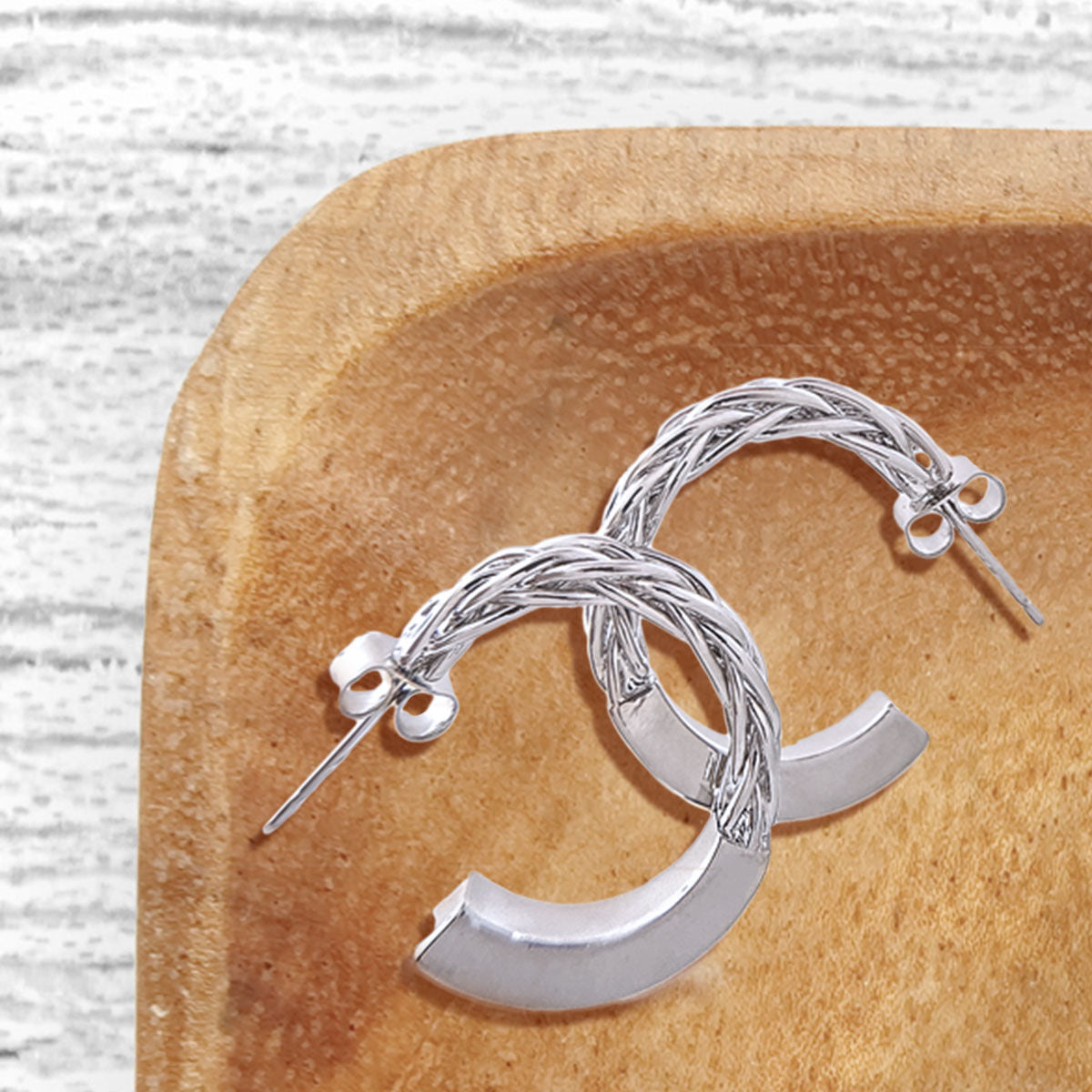 Hoop Earrings 14K White Gold Braided Post Stylish Chic Jewelry