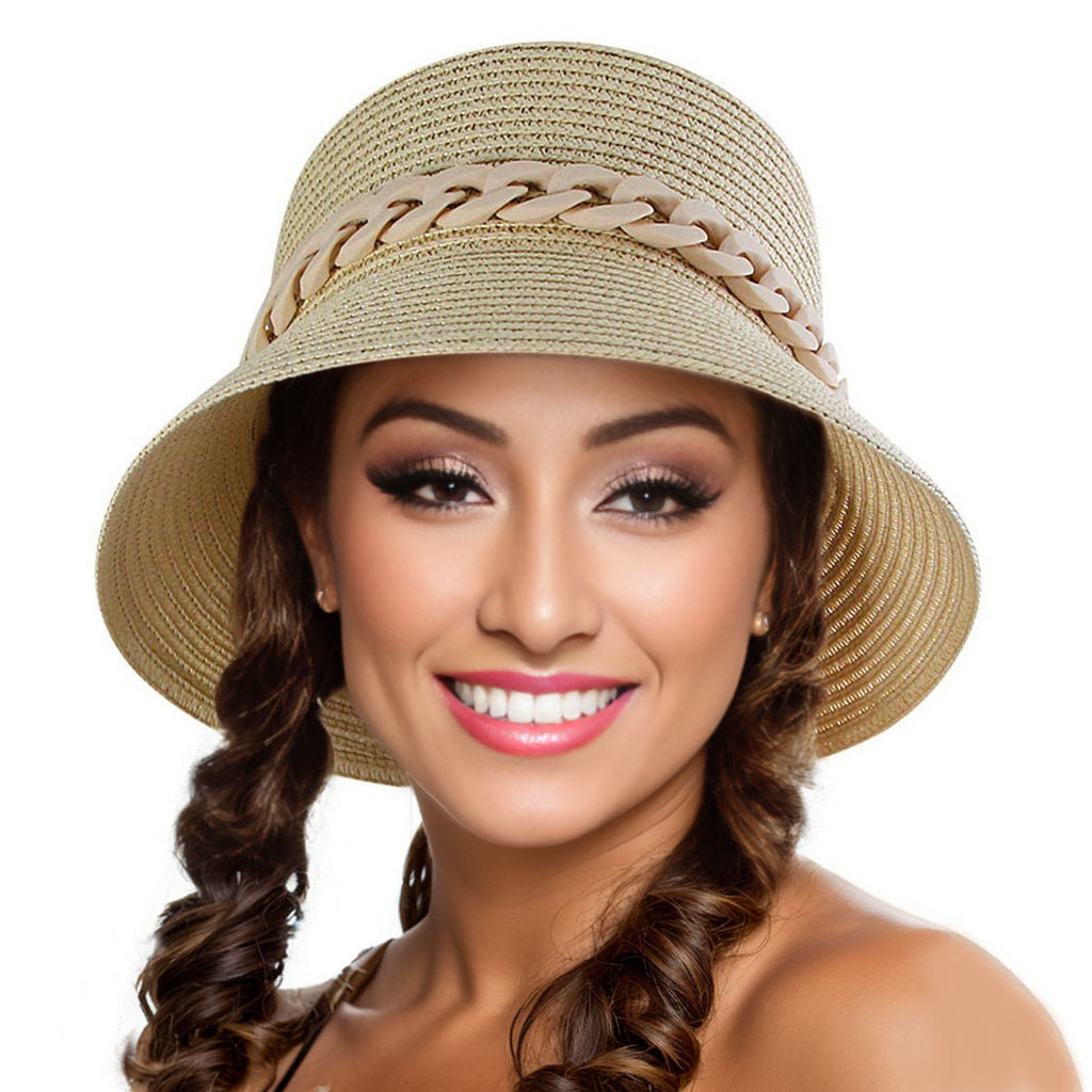 Bucket Hat Beige Straw Chain Stylish Casual Chic Accessory