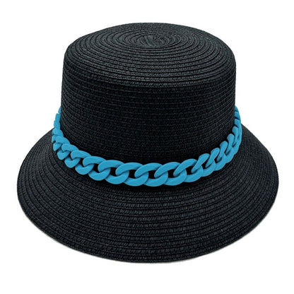 Bucket Hat with Blue Chain Detail – Trendy Casual Black Hat