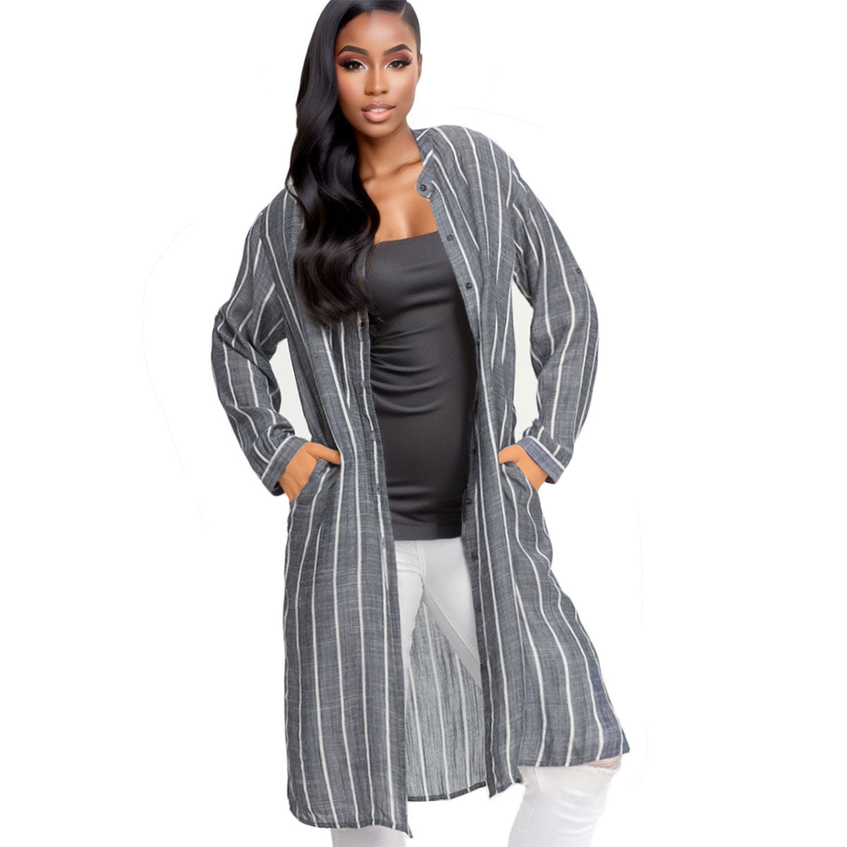 Long Shirt Kimono Blue Pinstripe Stylish Casual Layered Top