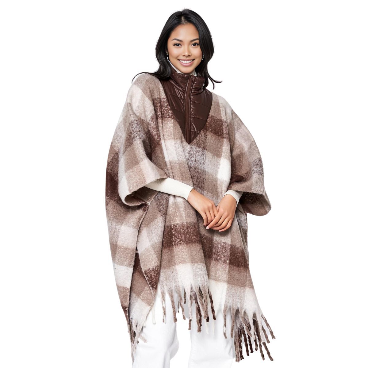 Women’s Brown Plaid Long Zip Fringe Poncho Stylish Casual Layered Outerwear
