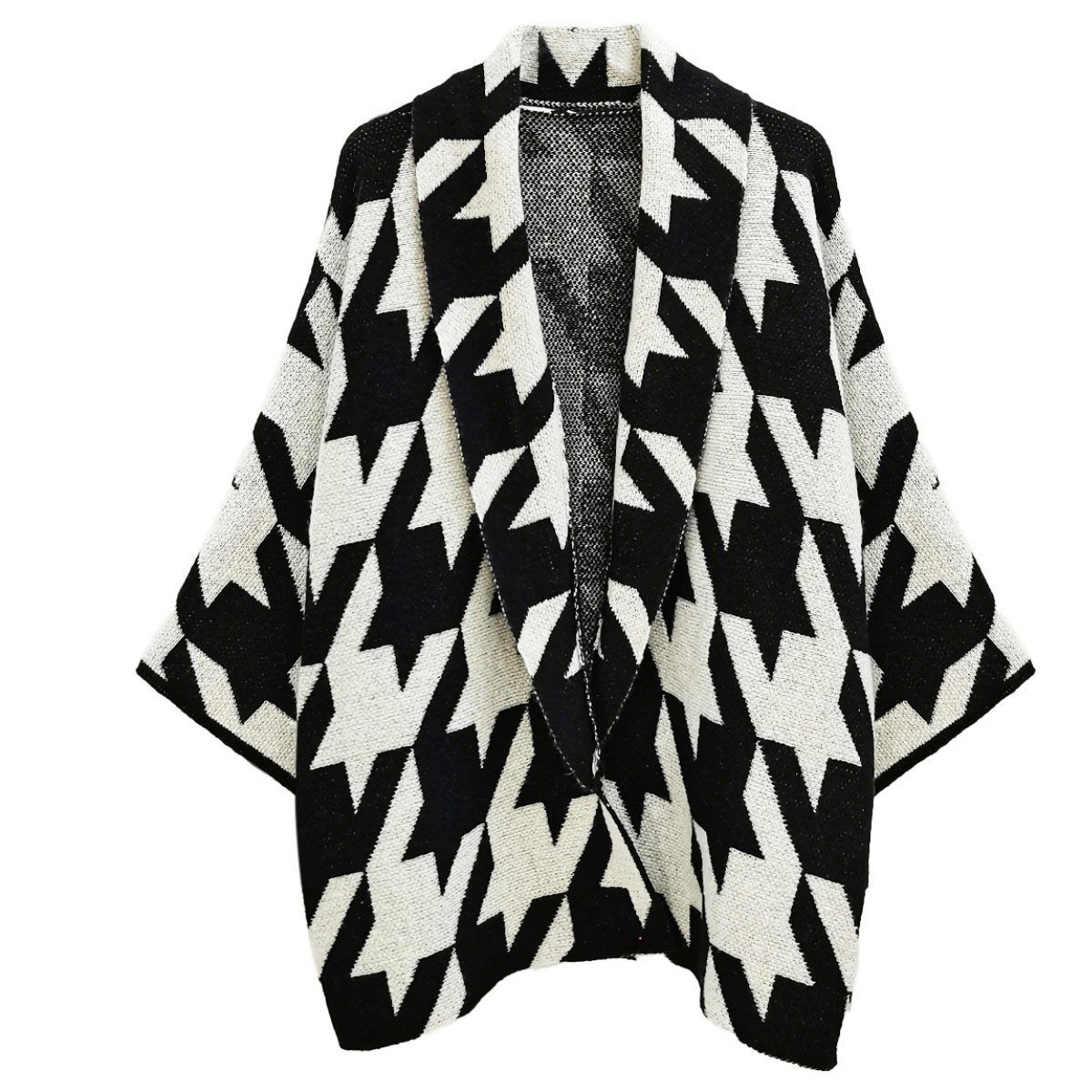 Women’s Houndstooth Knit Cardigan Black White Stylish Chic Layered