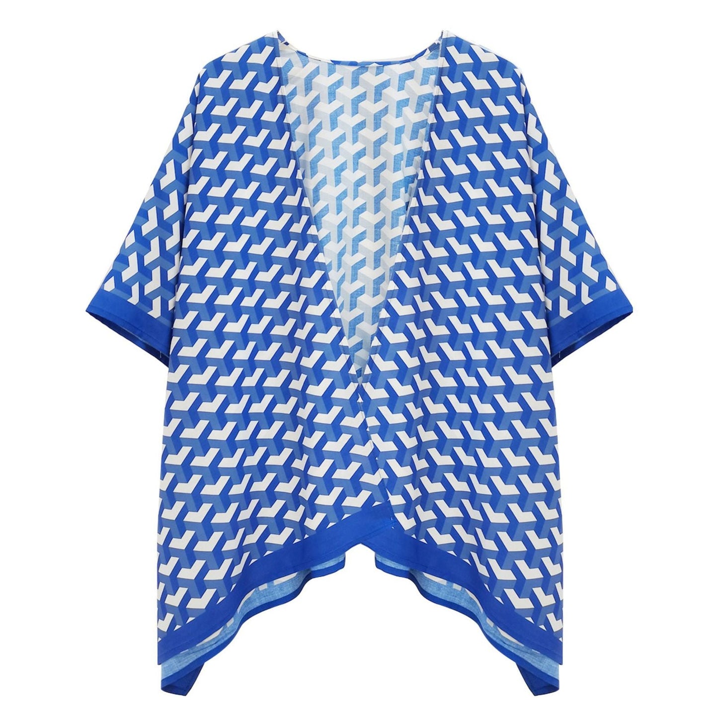 Women’s Kimono Blue White Block Print Sorority Stylish Casual Top