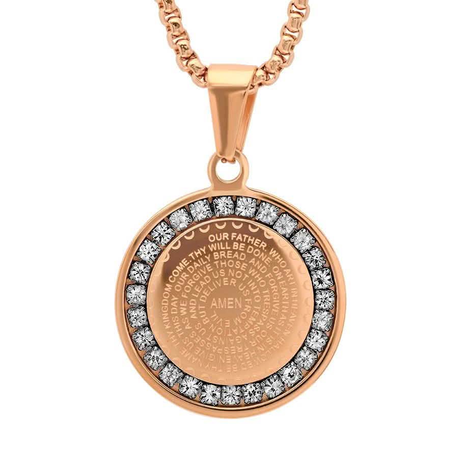 Ladies' 18K Gold Plated Stainless Steel Our Father Prayer Round Pendant with Simulated Diamonds