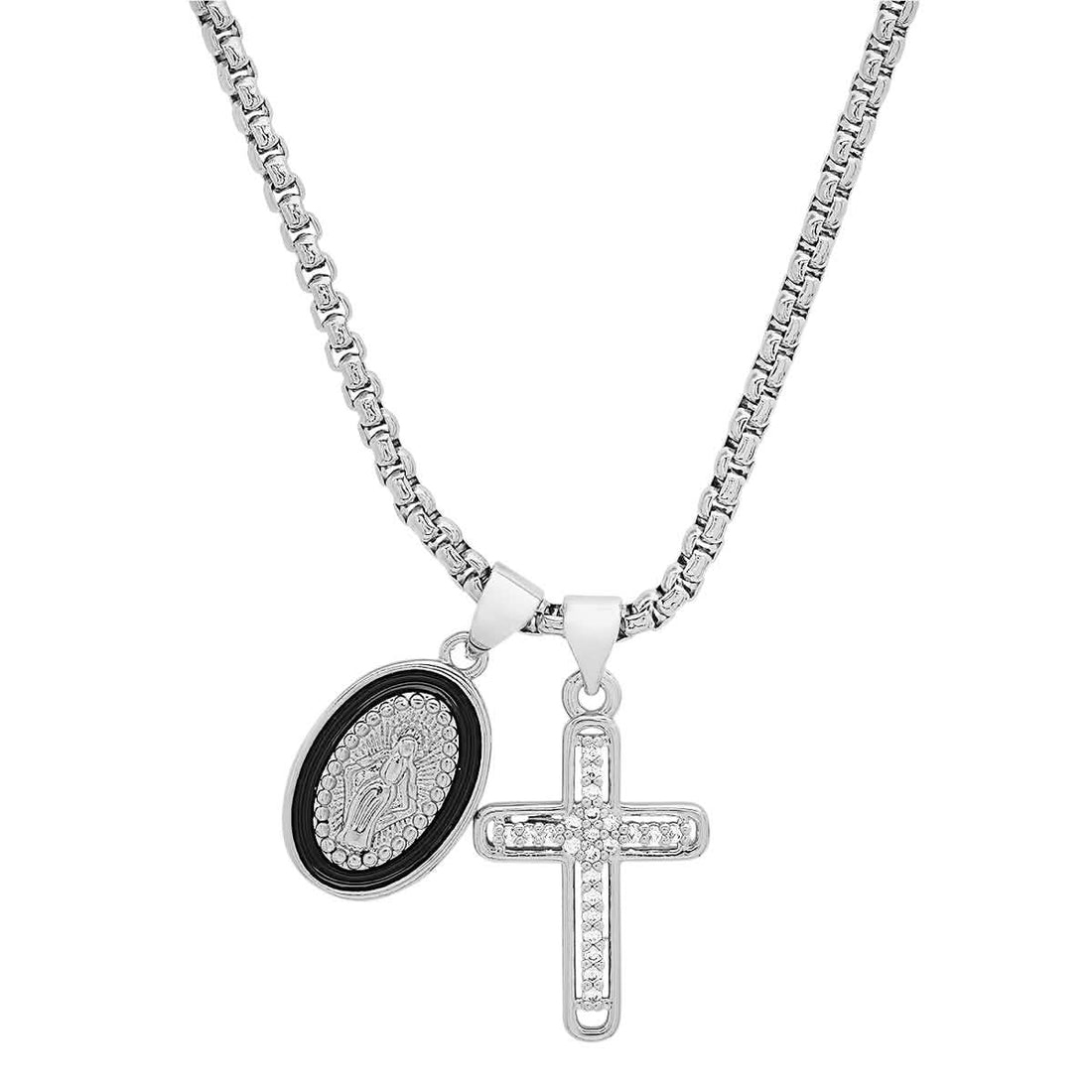 Ladies 18k White Gold/Gold Plated Brass &amp; Black Enamel Our Lady of Guadalupe and Simulated Diamond Cross Pendant Charms