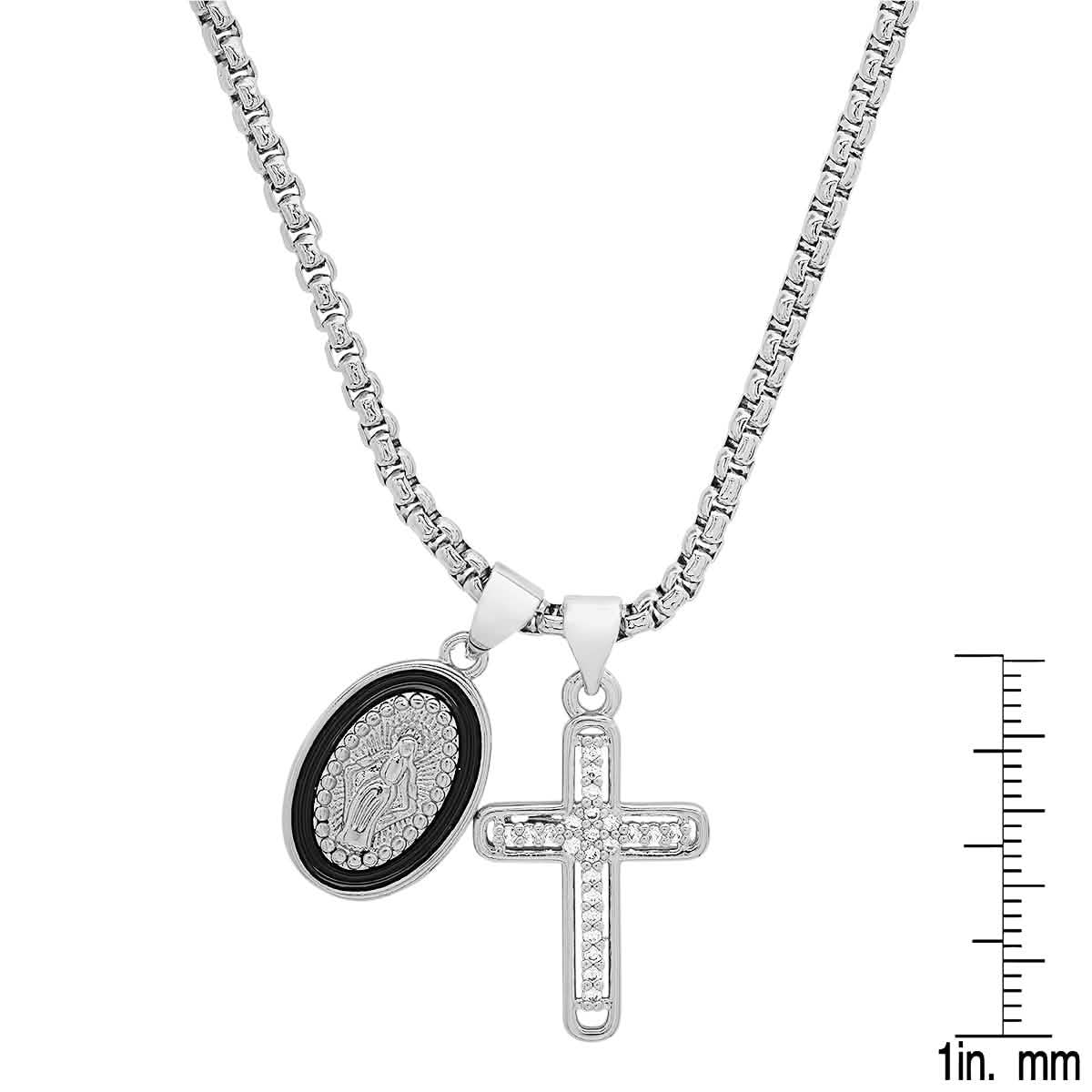 Ladies 18k White Gold/Gold Plated Brass &amp; Black Enamel Our Lady of Guadalupe and Simulated Diamond Cross Pendant Charms