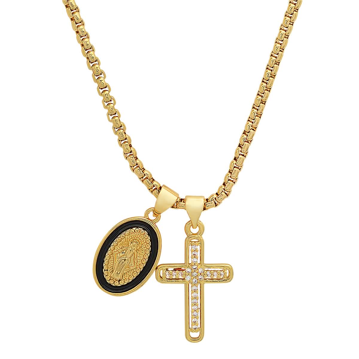 Ladies 18k White Gold/Gold Plated Brass &amp; Black Enamel Our Lady of Guadalupe and Simulated Diamond Cross Pendant Charms
