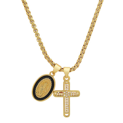 Ladies 18k White Gold/Gold Plated Brass &amp; Black Enamel Our Lady of Guadalupe and Simulated Diamond Cross Pendant Charms