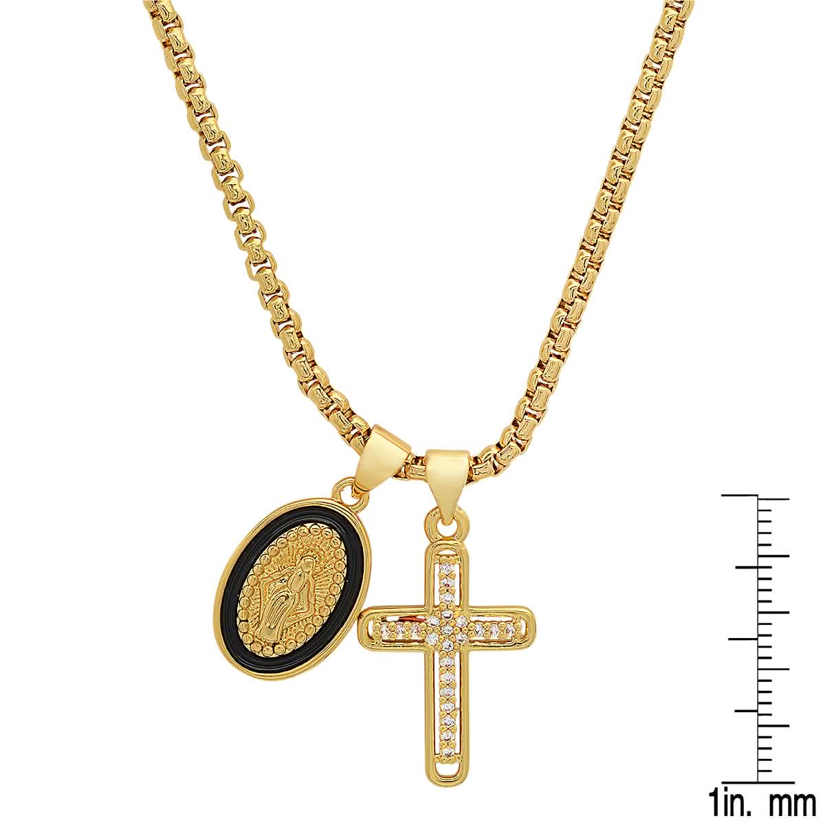 Ladies 18k White Gold/Gold Plated Brass &amp; Black Enamel Our Lady of Guadalupe and Simulated Diamond Cross Pendant Charms