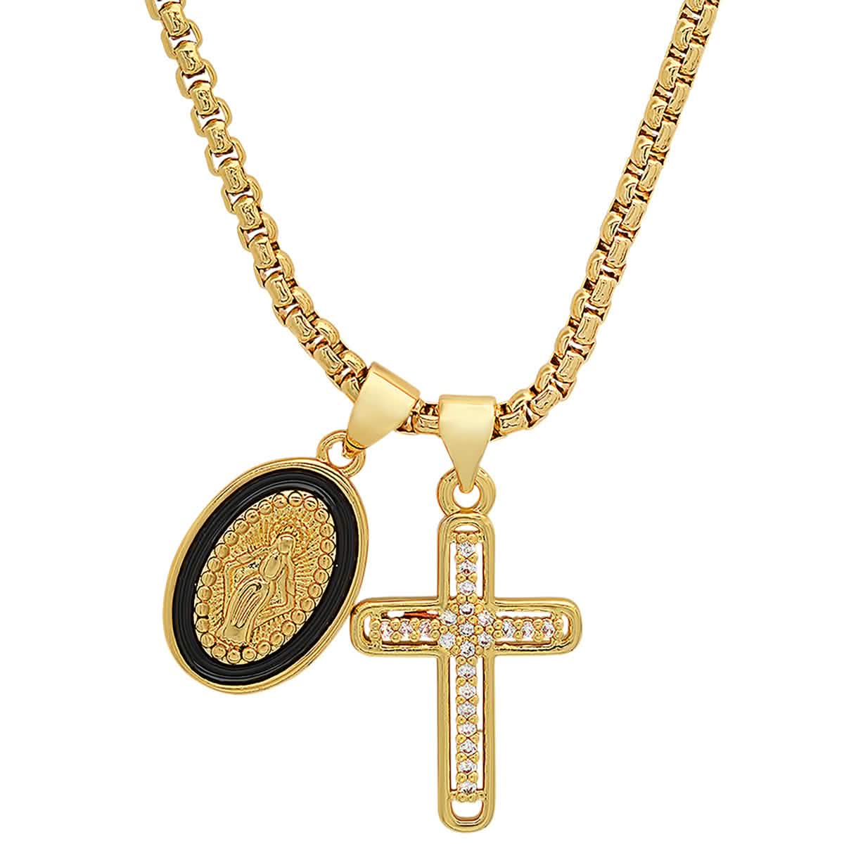 Ladies 18k White Gold/Gold Plated Brass &amp; Black Enamel Our Lady of Guadalupe and Simulated Diamond Cross Pendant Charms