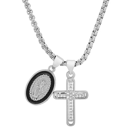 Ladies 18k White Gold/Gold Plated Brass &amp; Black Enamel Our Lady of Guadalupe and Simulated Diamond Cross Pendant Charms