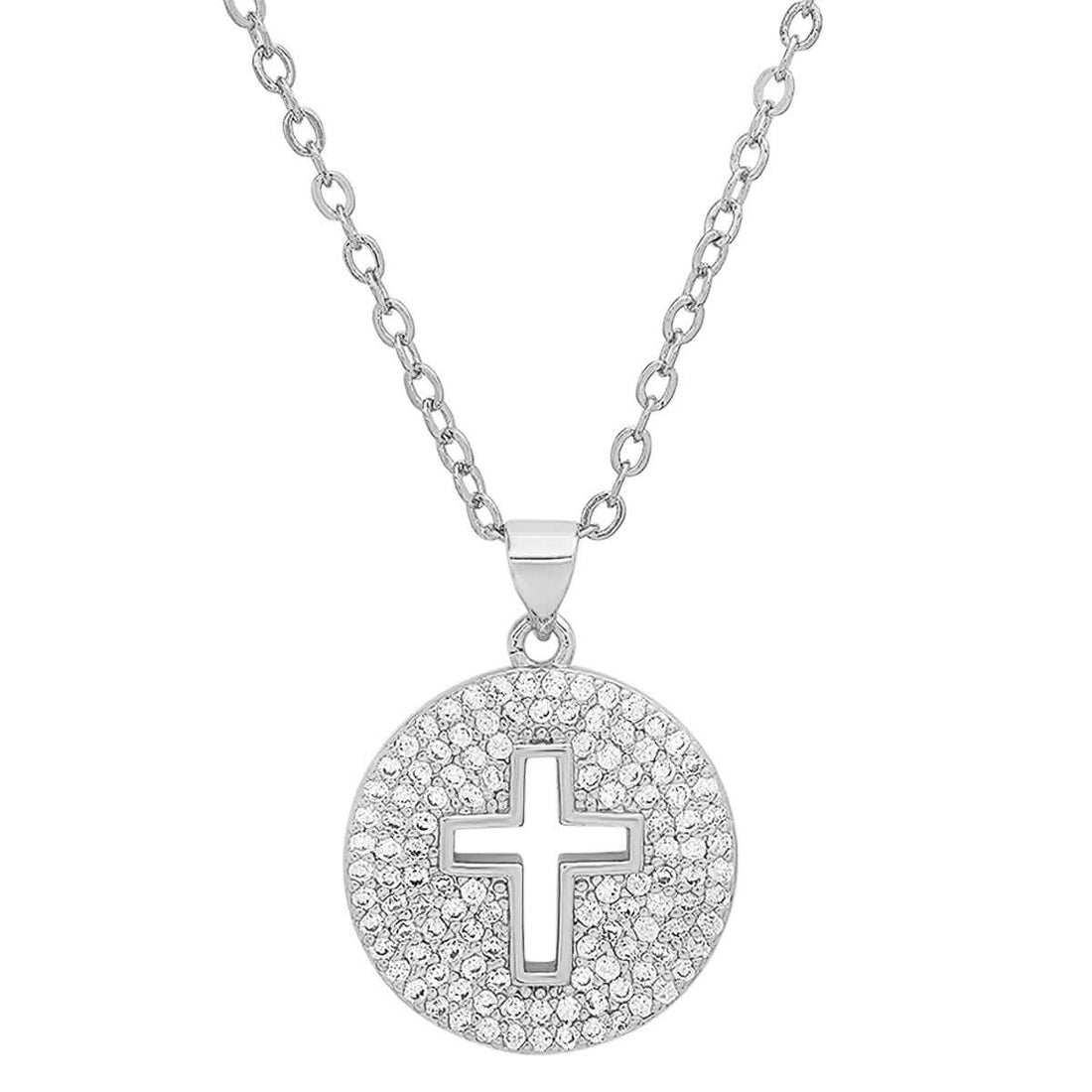 Ladies 18k White Gold/Gold Plated Brass Simulated Diamonds Round Cross Pendant