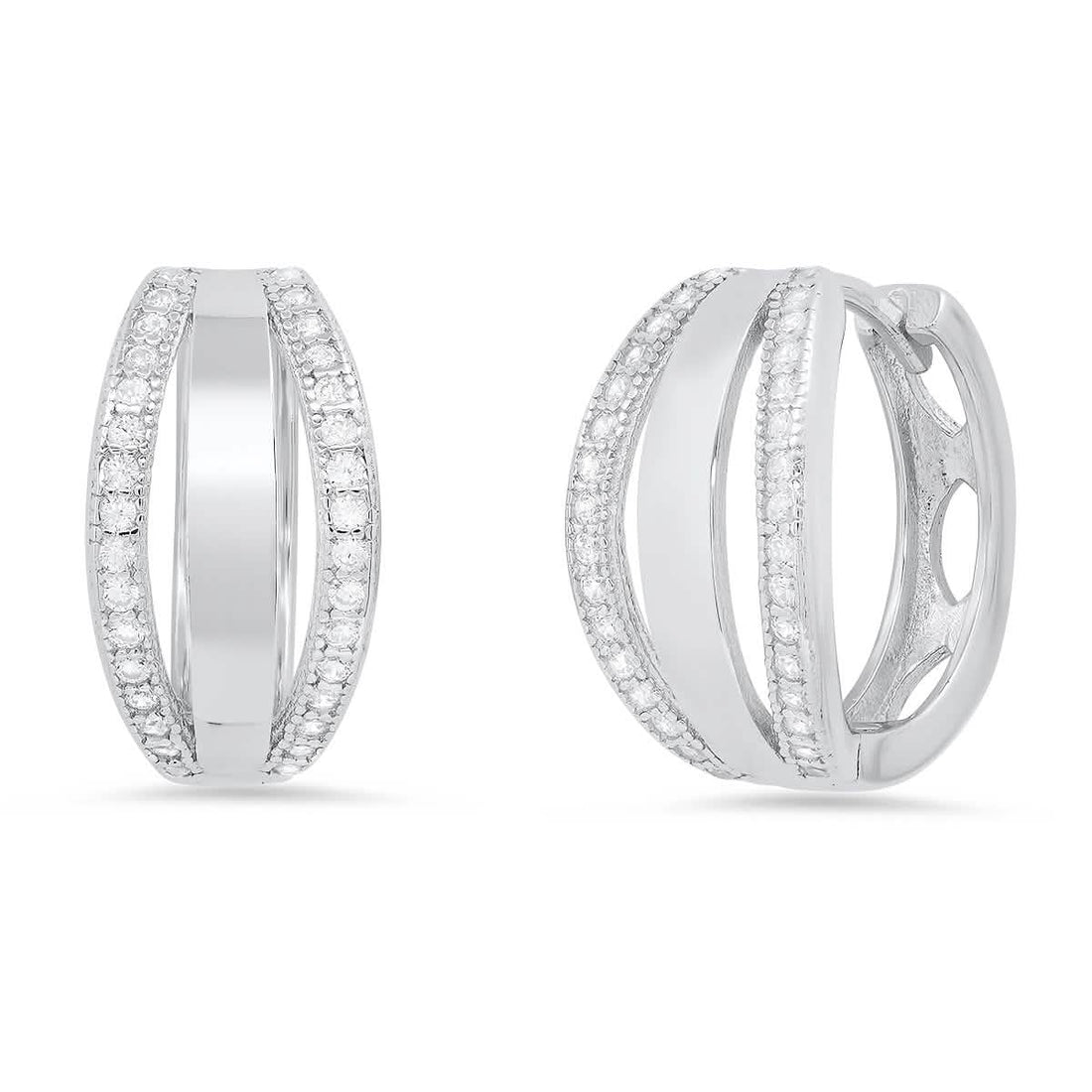 Ladies Sterling Silver And Simulated Diamonds Layered Huggies Earrings