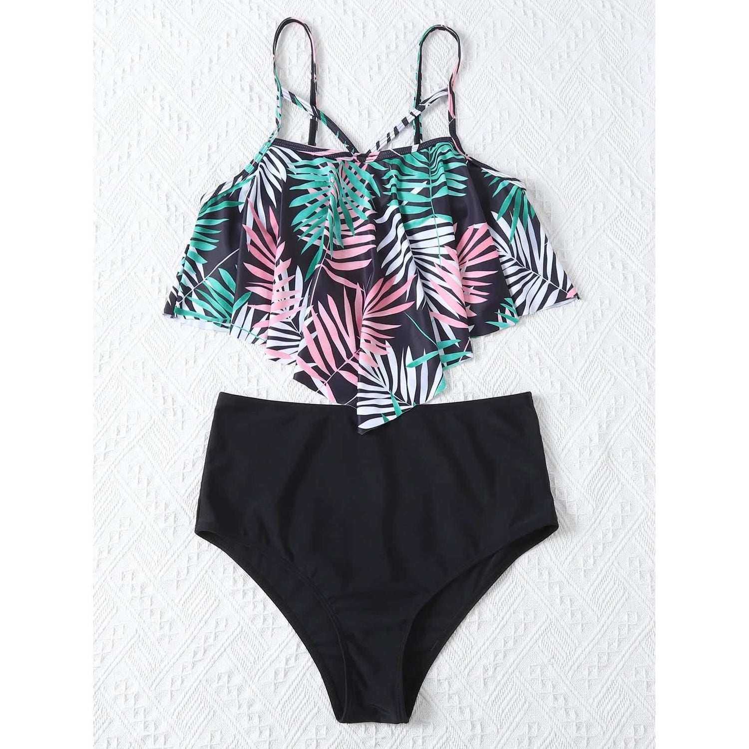 Leaf Print Hanky Hem High Waisted Bikini Swimsuit